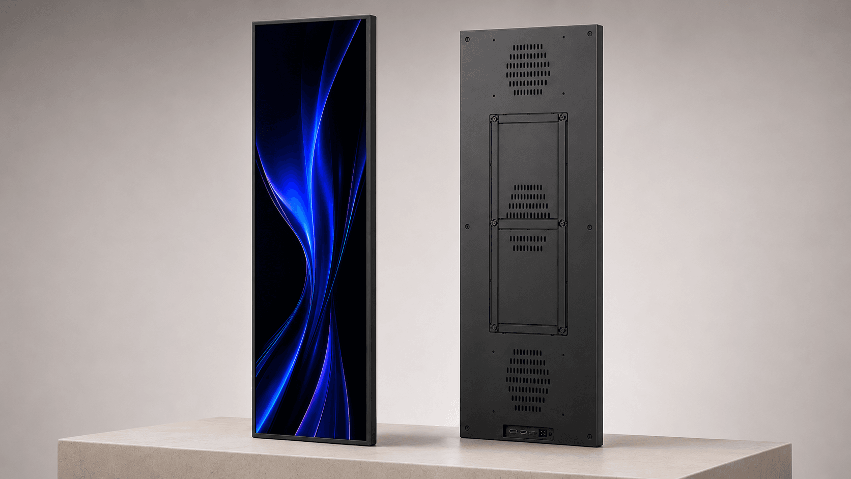 69.3-inch Stretched Bar LCD Display shown from the front and rear